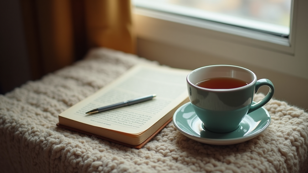 Eye-level view of a cozy corner with a journal and a cup of tea