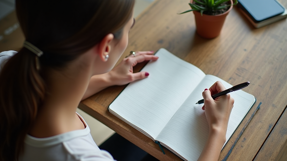 High angle view of a woman writing goals in a planner
