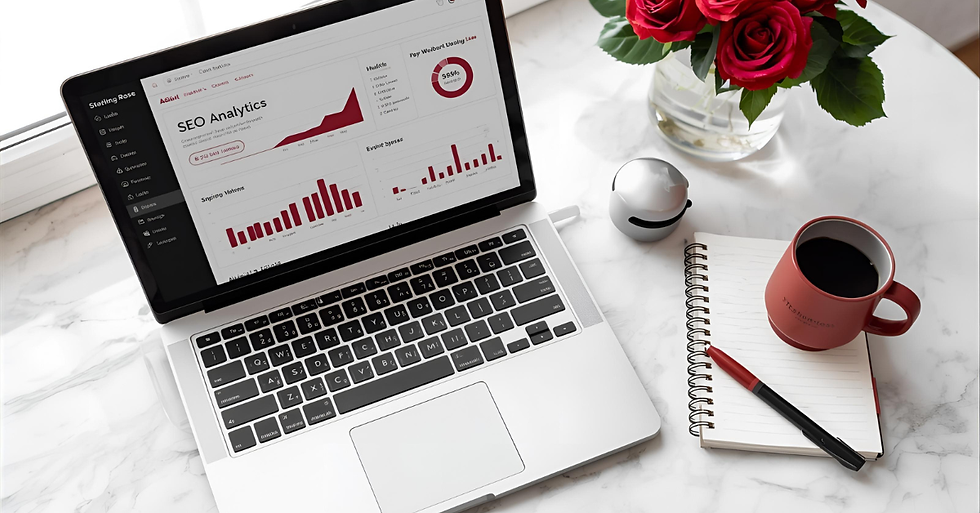 laptop with mug and notebook on marble desktop