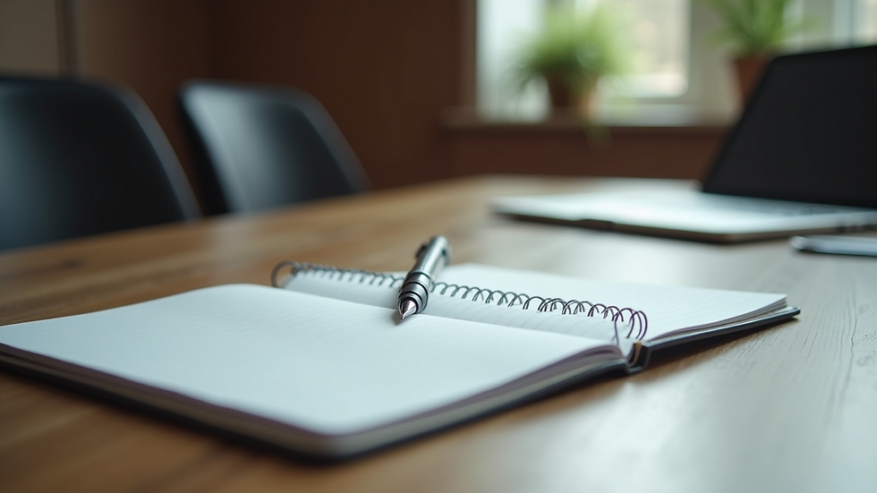 Close-up view of a notebook and pen on a table during a mastermind meeting