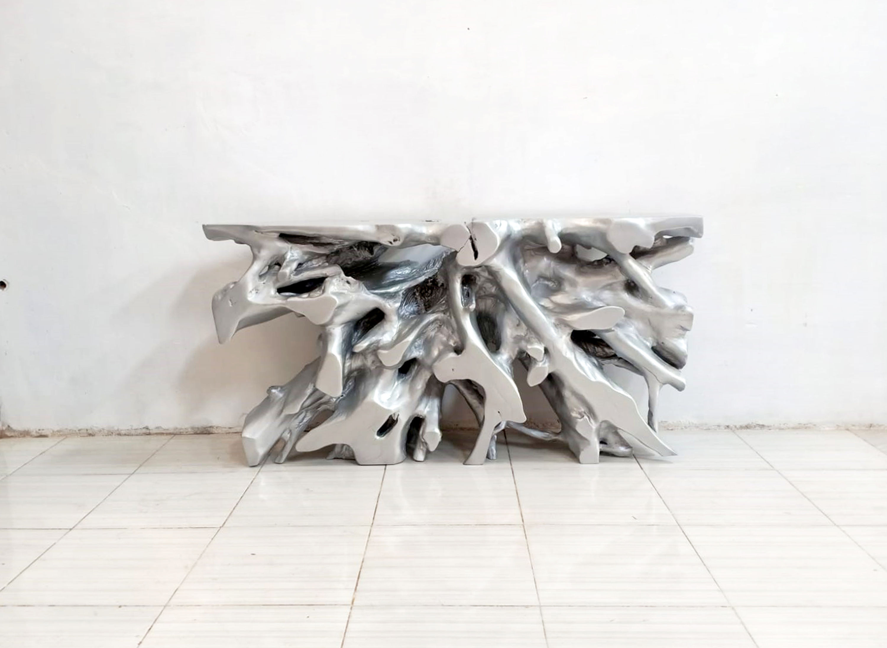 61" Silver Console Table Teak Root wood, One-of-a-kind functional