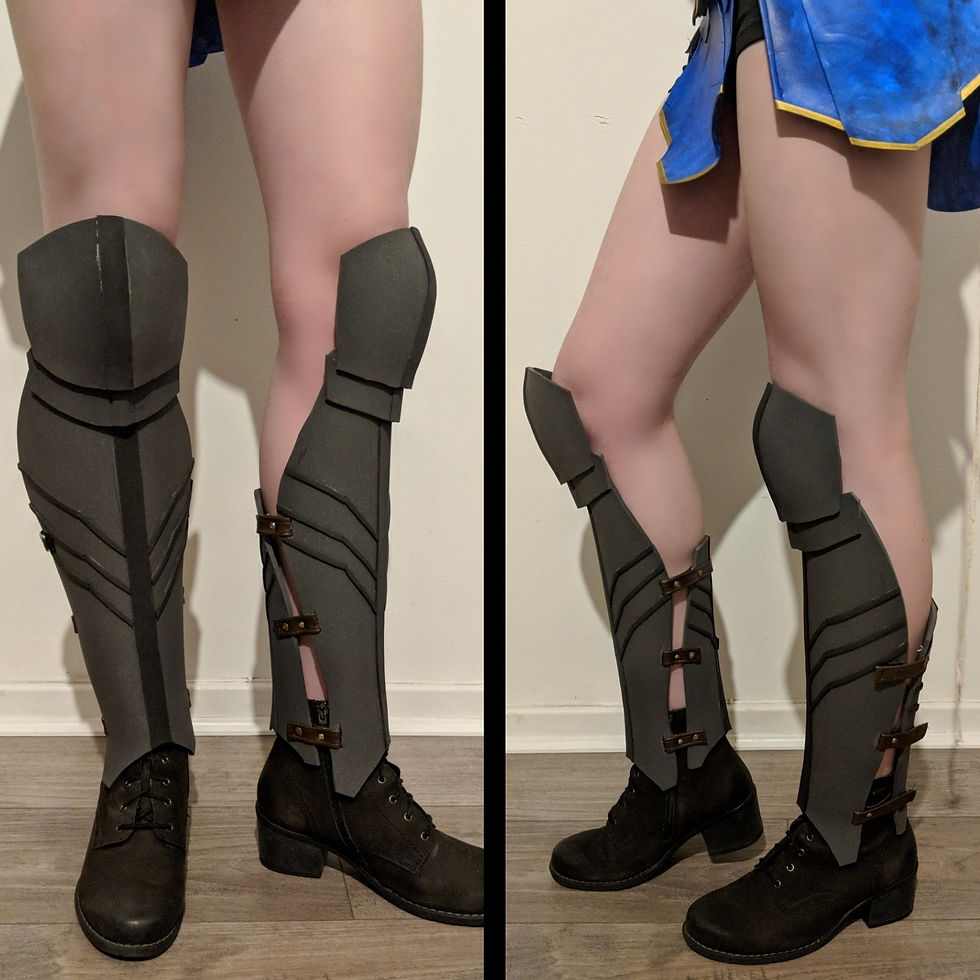I'm wearing Wonder Woman leg armour made from EVA foam. Photo taken before painting.