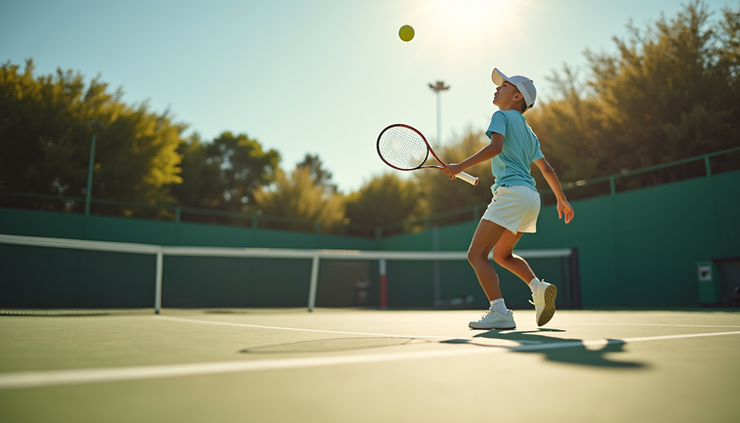 Eye-level view of a tennis court with a young player practicing serves