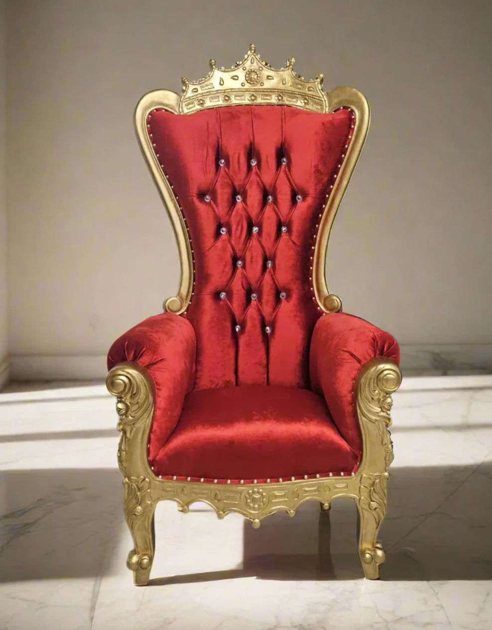 Rental: Crown Top Red and Gold Velvet Throne Chair