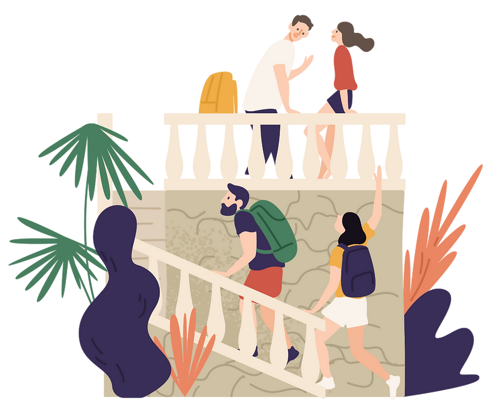 illustration of tourists climbing up stairs, greeting others