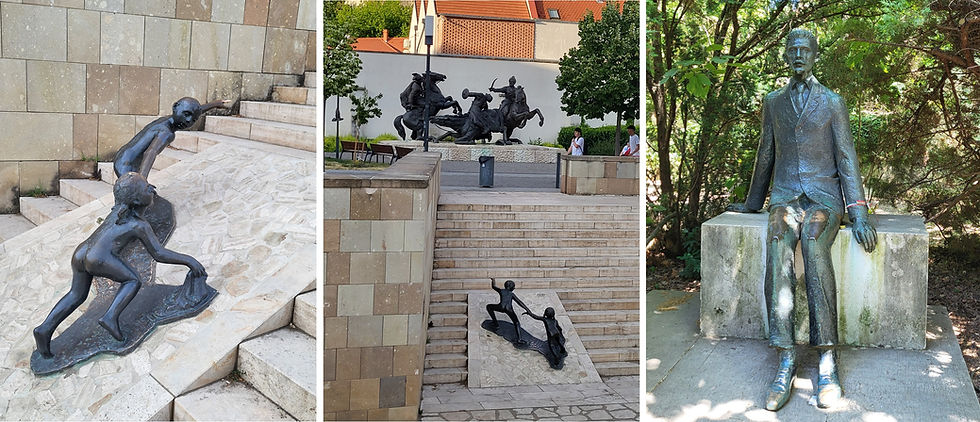 The statue of the lead characters as children, from the Eclipse of the Crescent Moon novel, and the statue of the novelist Géza Gárdonyi