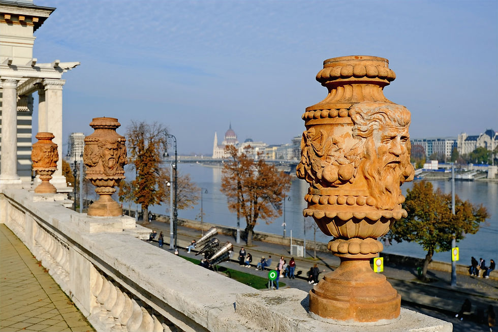 The view of the Danube river with the Houses of Parliament in the background, as seen from the balcony of the Castle Garden Bazaar, © www.gemsofbudapest.com 2024