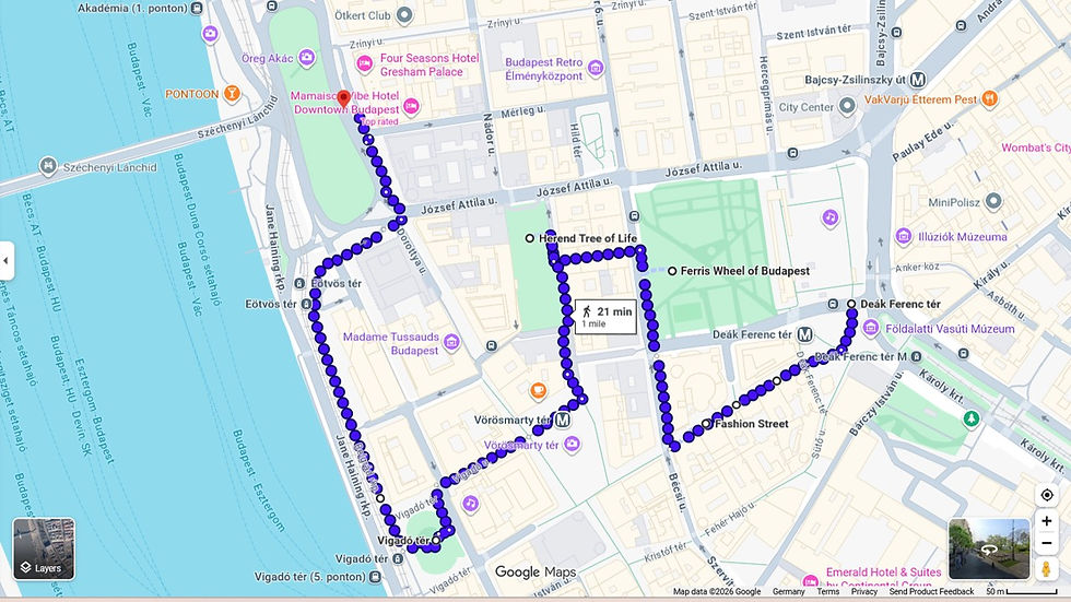 Suggested Route for the Afternoon Walk in Downtown Budapest