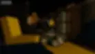 Thumbnail image from Roblox game “3008” showing a chaotic furniture fortress inside a dimly lit IKEA-like store, with a player lying on the ground while humanoid employees in striped uniforms patrol the area.
