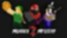 Thumbnail image from Roblox game “Murder Mystery 2” showing three characters: one holding a golden coin, another dressed in red wielding a glowing purple knife, and a pirate-themed character aiming a pistol-each representing a different role in the game.