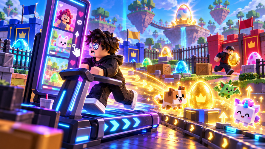 Roblox game thumbnail. Promotional artwork for Steal an Egg featuring a Roblox avatar using a treadmill next to a scrolling social-media-style video screen, with glowing collectible eggs, pets, player bases, and floating islands in the background.