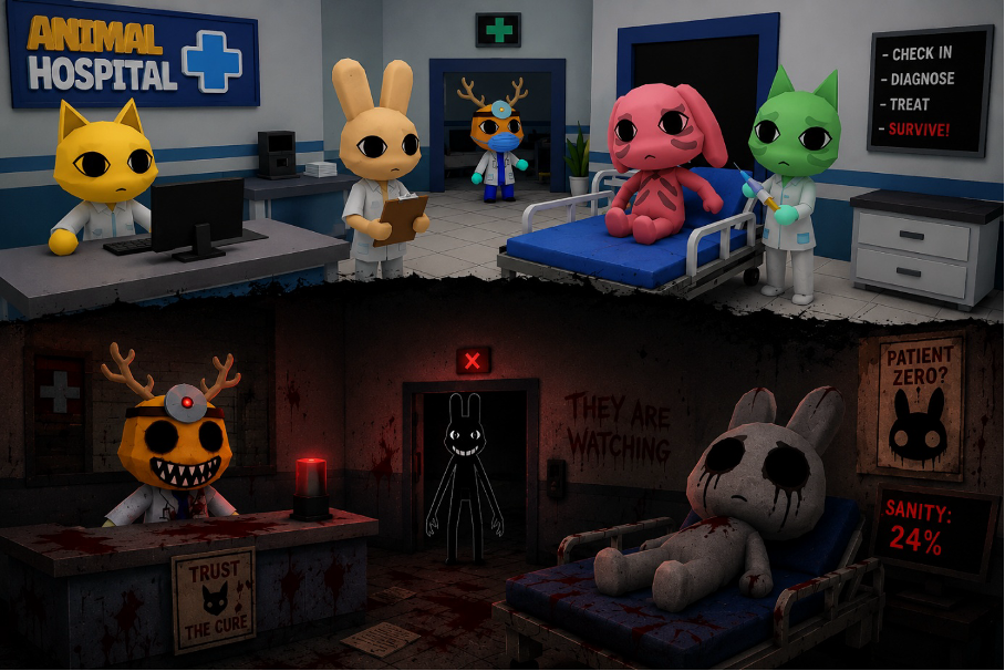 Split-screen image of Animal Hospital on Roblox showing the hospital's bright, friendly daytime look above and its blood-stained, corrupted horror version below, with 'They Are Watching' scrawled on the wall and a Sanity meter reading 24%