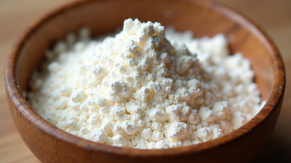 Close-up view of fine white flour in a wooden bowl