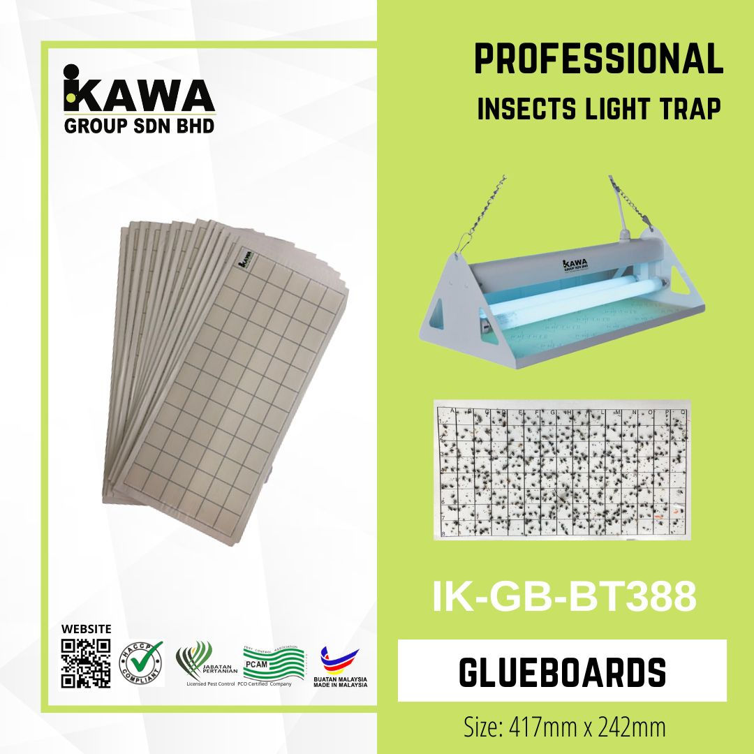 A stack of rectangular adhesive glueboards, each measuring approximately 417 mm × 242 mm. The boards appear thin and rigid, m