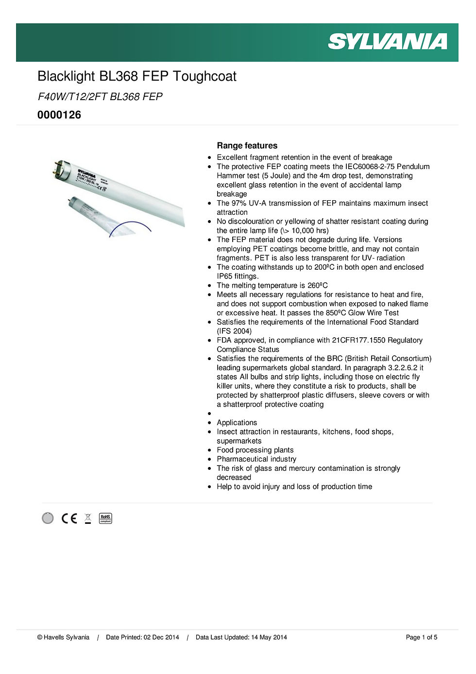 Thumbnail: Sylvania Blacklight F40W T12 2FT BL368 FEP Toughcoat | 59cm