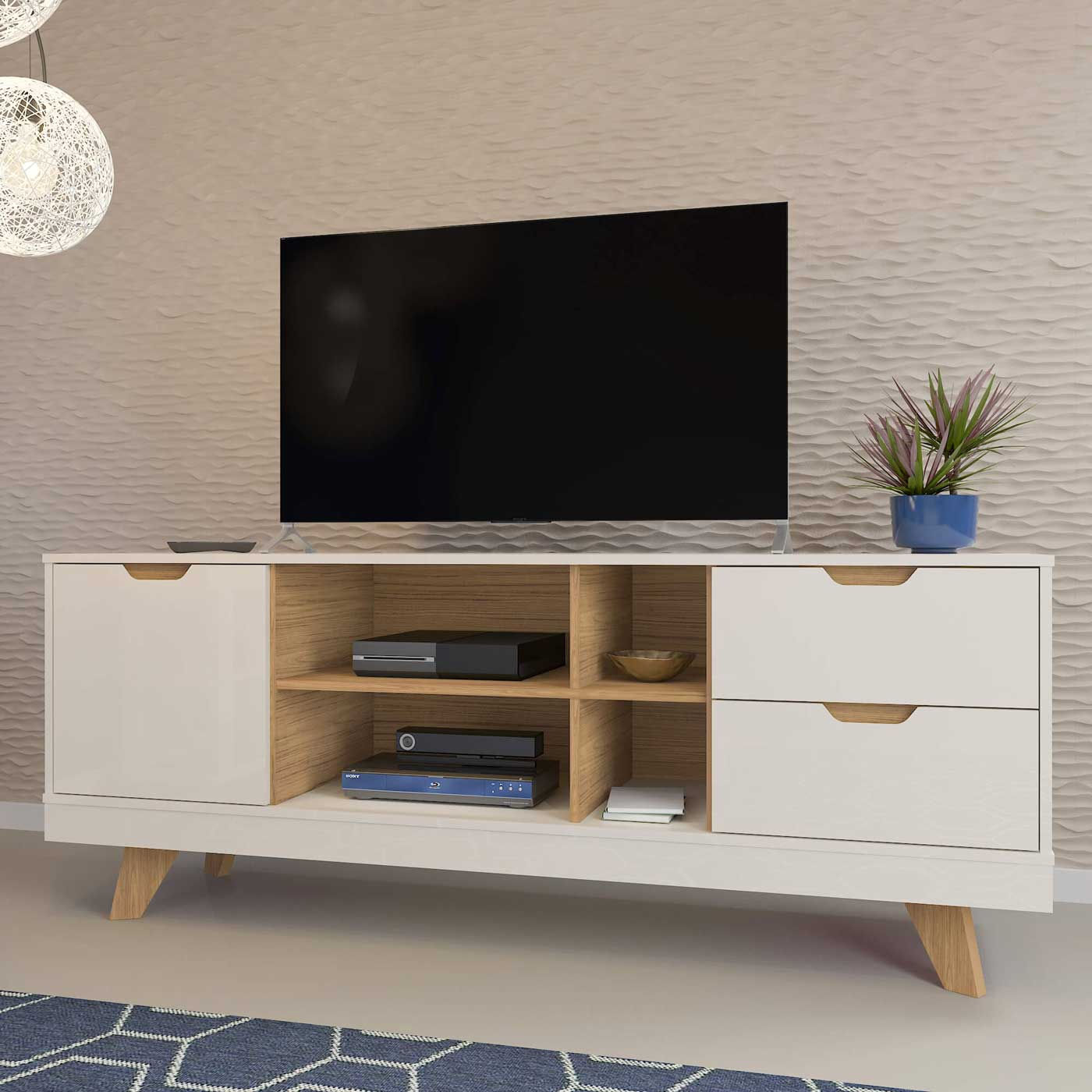 RACK ARTELY MICHIGAN PARA TV ATÉ 60 POLEGADAS COR OFF WHITE C/CARVALHO