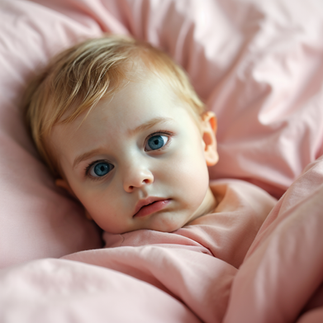 Ein Baby schaut traurig im Bett