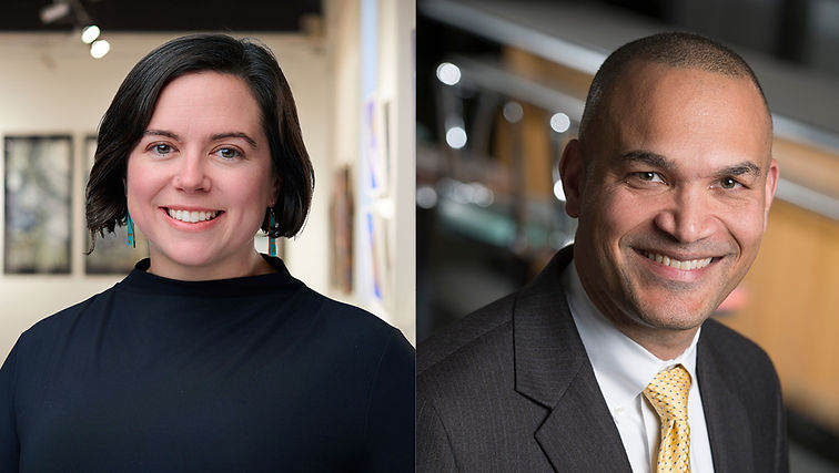 2 images side-by-side. The left image is a blurred photo of a waterfall by Catherine Opie. The 2nd is a closeup of a woman with long dark blonde hair smiling and looking directly at the camera with greenery in the background.
