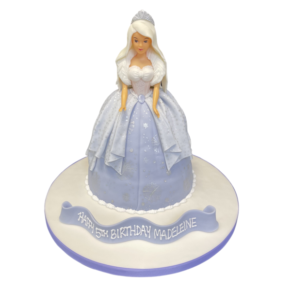 Bespoke Barbie Doll Winter Princess cake with snowflake decorations in Solihull, West Midlands celebration.