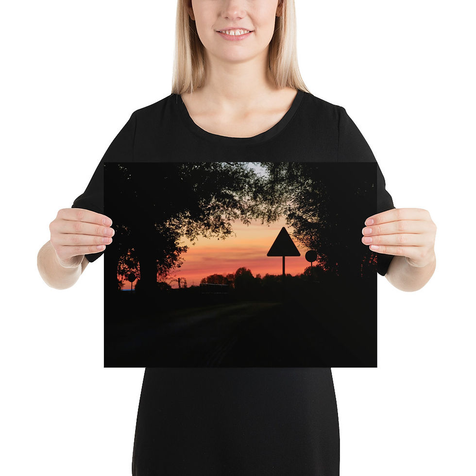 Miniaturbild: Rosaroter Sonnenuntergang mit Relief von Bäumen und Schild (Poster)