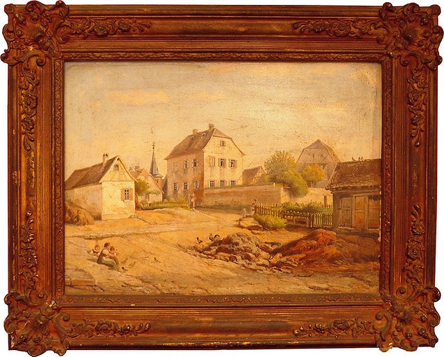 August Lucas: Pfarrhof in Selzen, Ölgemälde mit Rahmen, 1855
