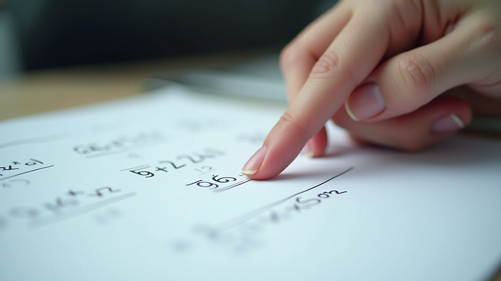 Close-up view of a tutor’s hand pointing at a maths problem on paper