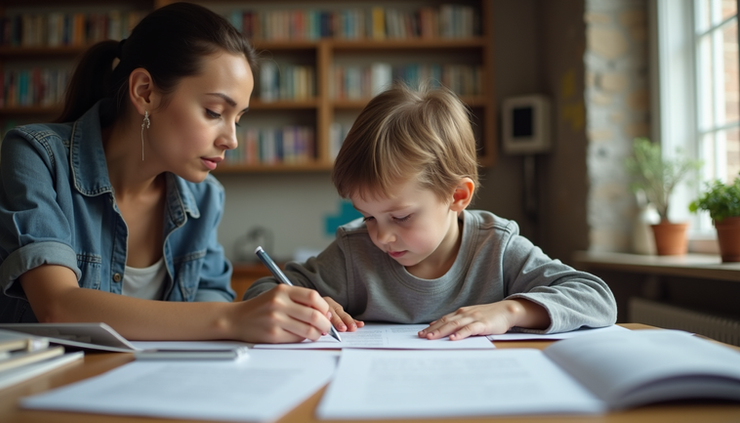 Eye-level view of a child studying with a tutor at a desk filled with books and papers