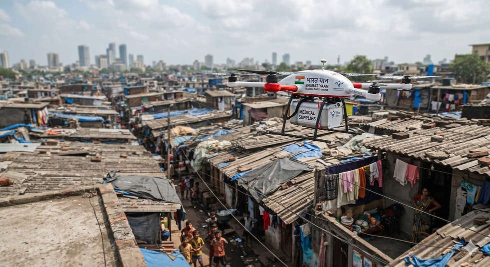 A concept medical Drone flying over Mumbai slums