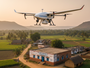 A Concept Hybrid VTOL flying over a village in Rural India