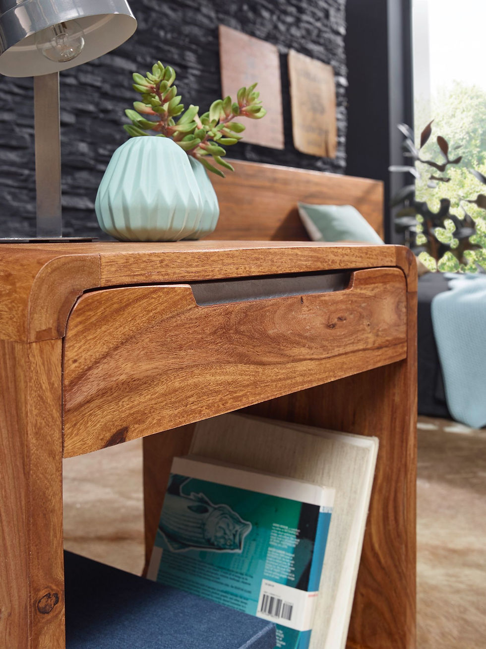 Thumbnail: Solid Wood Curved Bed Side Table With Darwer