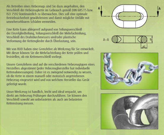Miniaturbild: Für Liftket Kettenzüge: Kettenlehre, Grenzlehre, Kettenprüfung, UVV, Prüflehre