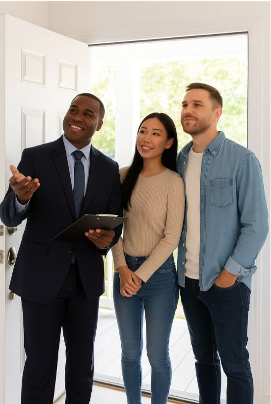 Professional realtor happily showing a home, highlighting that Continental's Transaction Coordination and Virtual Assistant support frees agents to focus on sales.