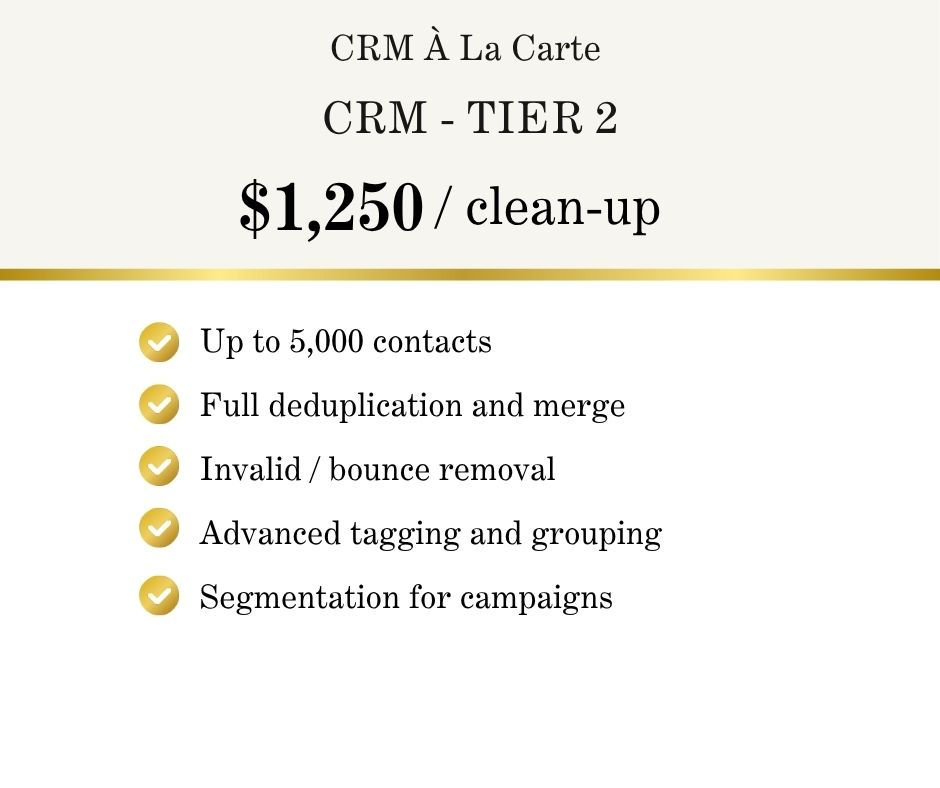 Header image for the REVA Administrative Support "CRM Tier 2" package, detailing advanced lead segmentation, list maintenance, and system refinement. | Focuses on the intermediate level of specialized CRM tasks.