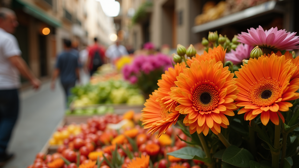 Eye-level view of a vibrant flower arrangement in a local Valencia market