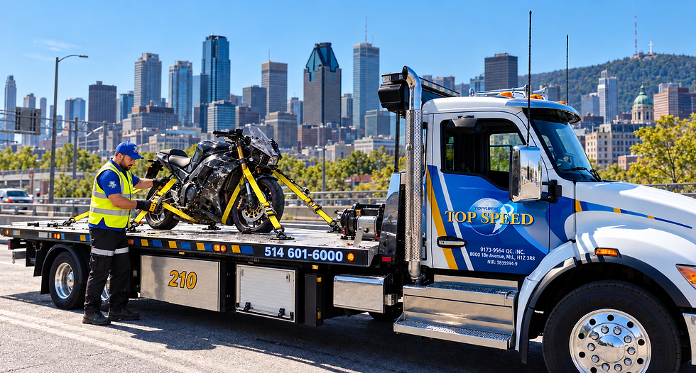 Transport d’une moto sur la plateforme d’une dépanneuse Top Speed à Montréal