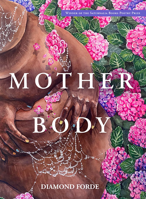 The cover of Mother Body. It features the disembodied torso of a fat person tugging at their stomach. Their nails are yellow, blue, and orange. As they tug up their stomach, a bejeweled web is revealed, decorated with sparkling dew. Around their body, a lush bush of pink and purple hydrangea."