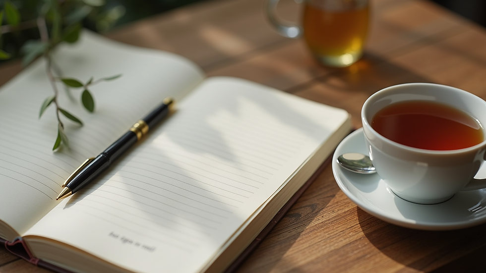 Close-up view of a notebook and pen beside a cup of herbal tea on a wooden table