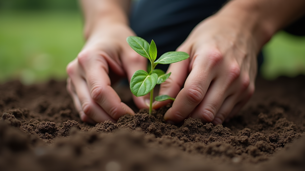 Close-up view of hands planting a small seedling in rich soil