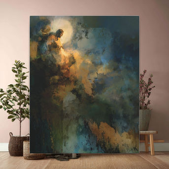 Abstract digital painting depicting a glowing, haloed figure resembling Christ emerging from swirling clouds. Warm golden light surrounds the figure on the left, blending into darker blue and green tones on the right. The scene has a textured, painterly look with soft, blurred edges and atmospheric contrast