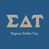 Cafe au lait brown Sigma Delta Tau greek letters with english below on a blue background