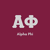 Light gray Alpha Phi greek letters with english below on a burgundy background