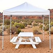 a white picnic table under a 10 by 10 foot pop up tent with a desert landscape background.