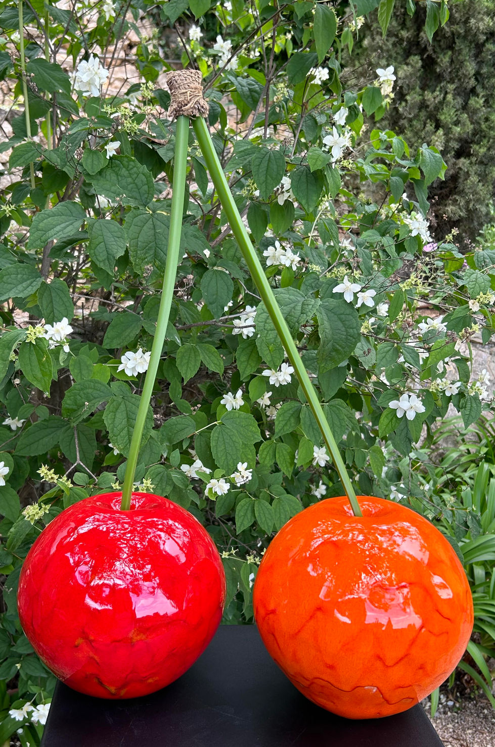 Deux cerises en céramique émaillée, rouge et orange, aux longues tiges. Sculpture d'Isabelle de Toytot