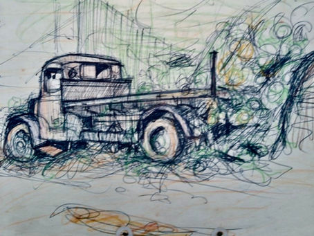 Ancient lorry. Ball point and felt tip. 1958. Sketchbook work.