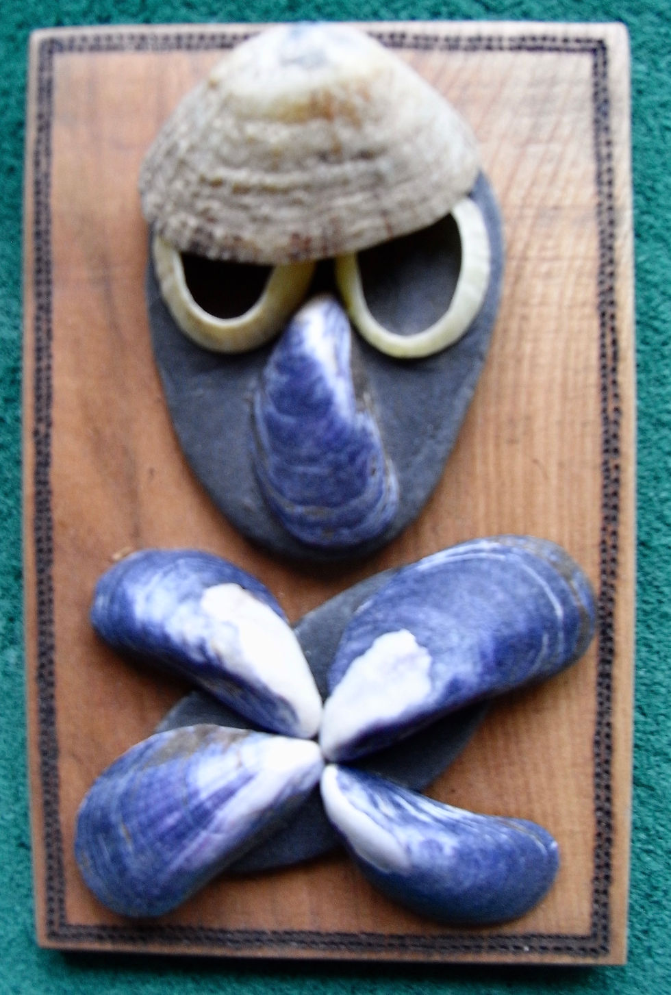Pirate shells. Shells on  cherrywood and pyrographed.