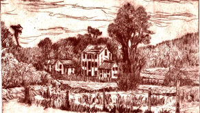 OLD MILL. Drypoint engraving printed with Wick red ochre handmade oil-based ink.