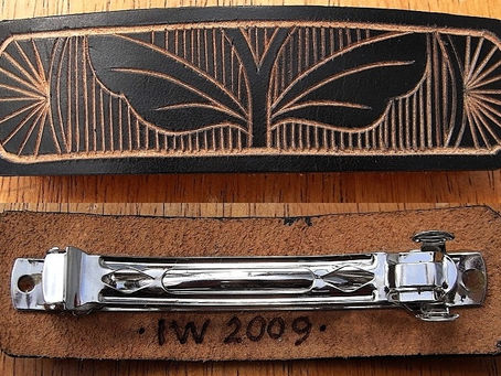 Hairslide. Black carved leather. Ian Woods.