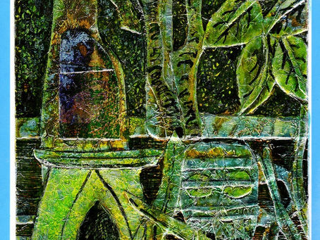 Still life on window sill. Card, foil and inks. 2016.