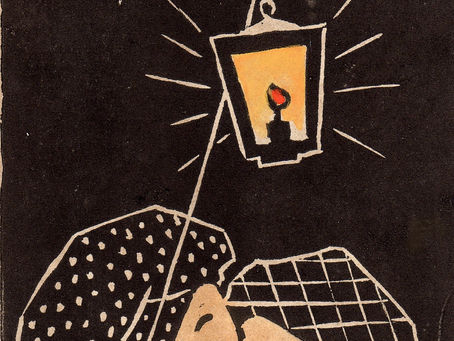 Christmas card. Linocut heightened with watercolour. Peggie Highman.