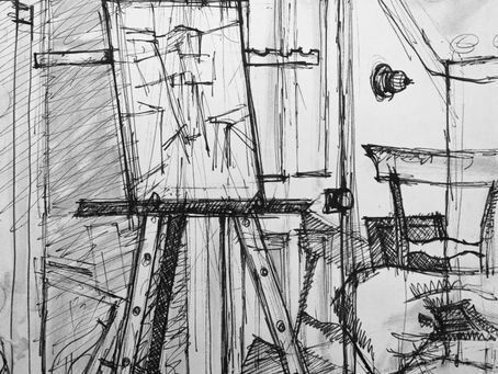 Easel in my attic studio. 1958. Rough pen and ink linework.